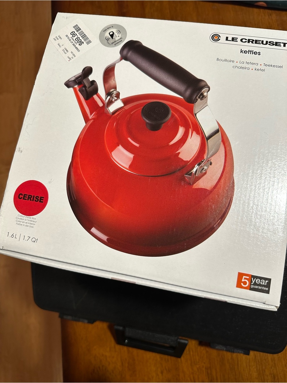 Le Creuset Cerise Red Enamel Whistling Kettle with Black Handle